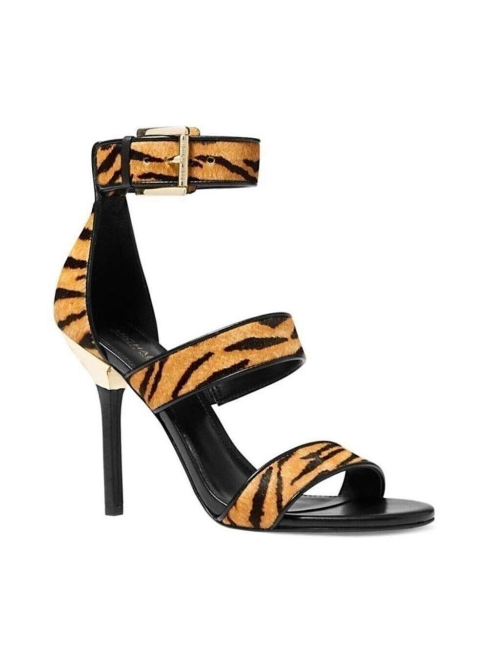 NIB Michael Kors Amal Tiger Print Calf Hair Leather Sandals in Marigold